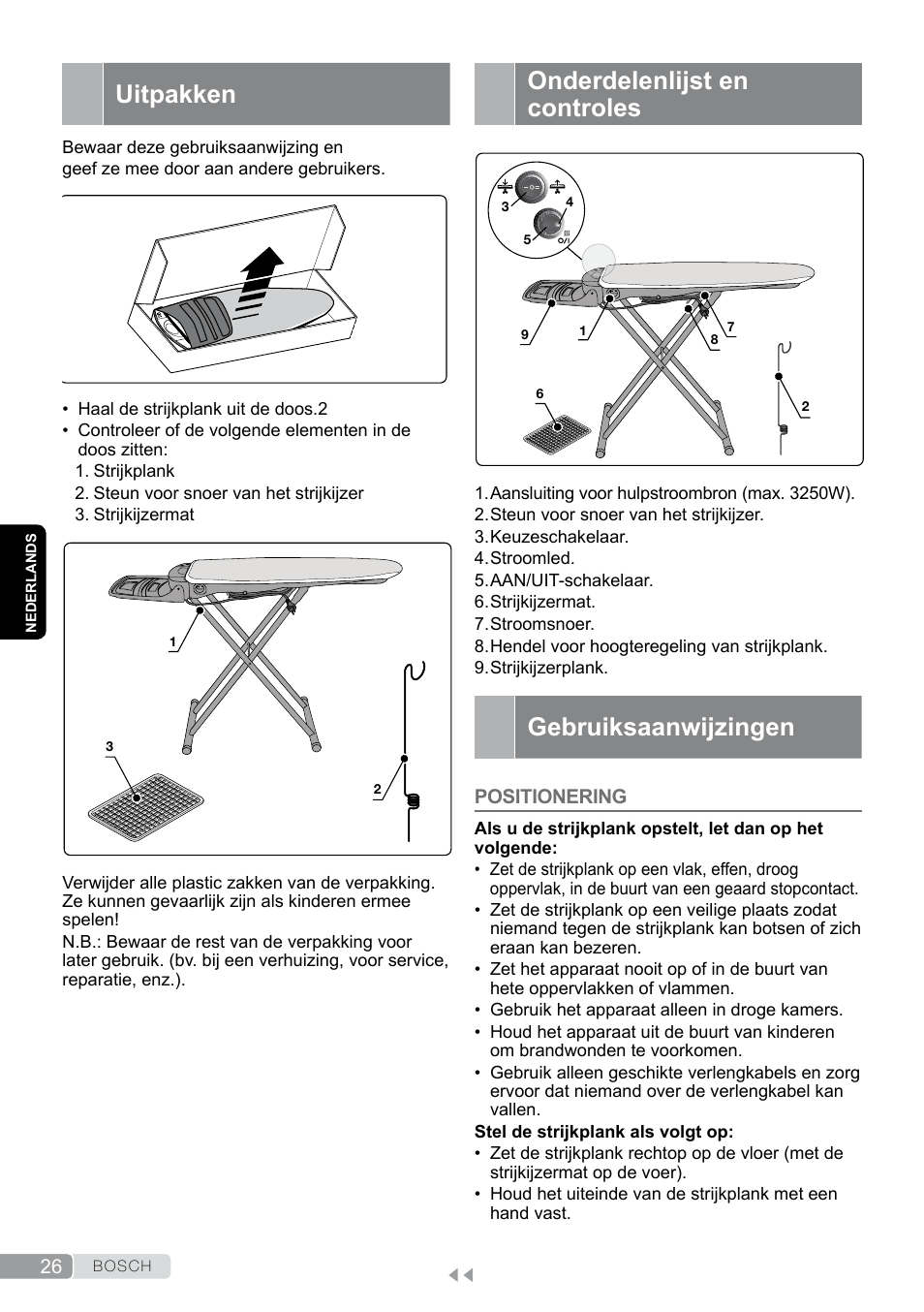 Uitpakken, Onderdelenlijst en controles, Gebruiksaanwijzingen | Positionering | Bosch Aktiv-Bügeltisch Sensixxx DN17 EditionRosso TDN1700P schwarz rot User Manual | Page 26 / 100