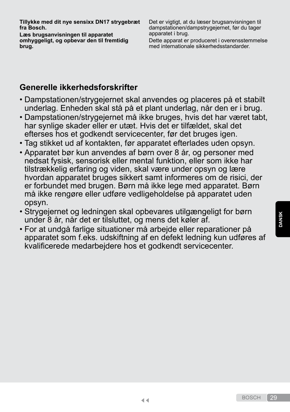 Dansk, Generelle ikkerhedsforskrifter | Bosch Aktiv-Bügeltisch Sensixxx DN17 EditionRosso TDN1700P schwarz rot User Manual | Page 29 / 100