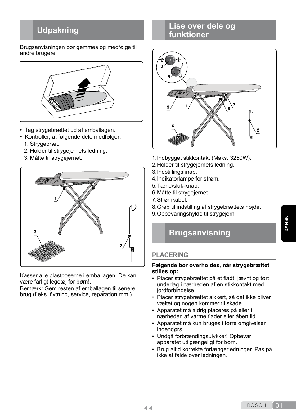 Udpakning, Lise over dele og funktioner, Brugsanvisning | Bosch Aktiv-Bügeltisch Sensixxx DN17 EditionRosso TDN1700P schwarz rot User Manual | Page 31 / 100