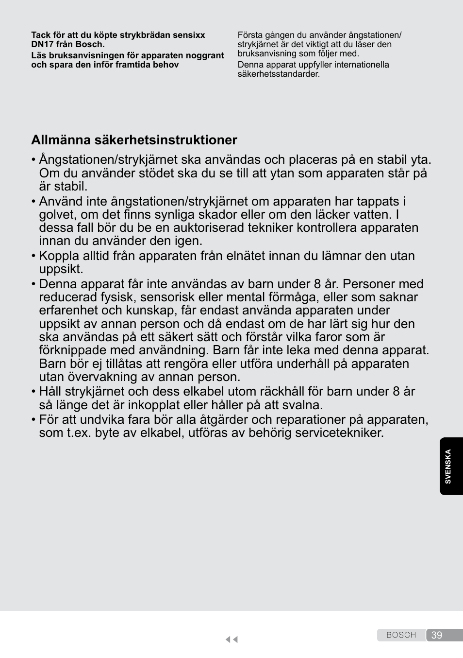 Svenska, Allmänna säkerhetsinstruktioner | Bosch Aktiv-Bügeltisch Sensixxx DN17 EditionRosso TDN1700P schwarz rot User Manual | Page 39 / 100