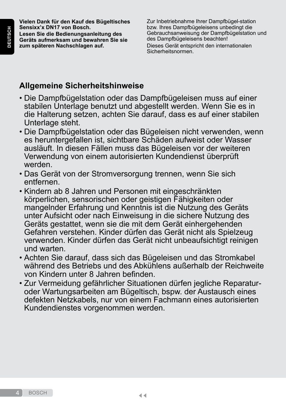 Deutsch, Allgemeine sicherheitshinweise | Bosch Aktiv-Bügeltisch Sensixxx DN17 EditionRosso TDN1700P schwarz rot User Manual | Page 4 / 100