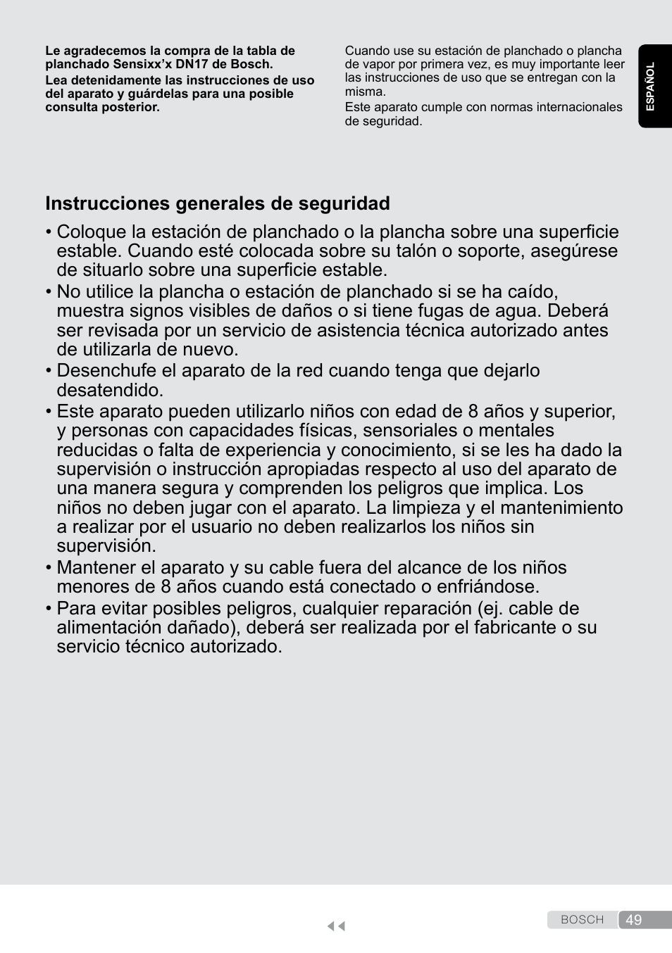 Español, Instrucciones generales de seguridad | Bosch Aktiv-Bügeltisch Sensixxx DN17 EditionRosso TDN1700P schwarz rot User Manual | Page 49 / 100