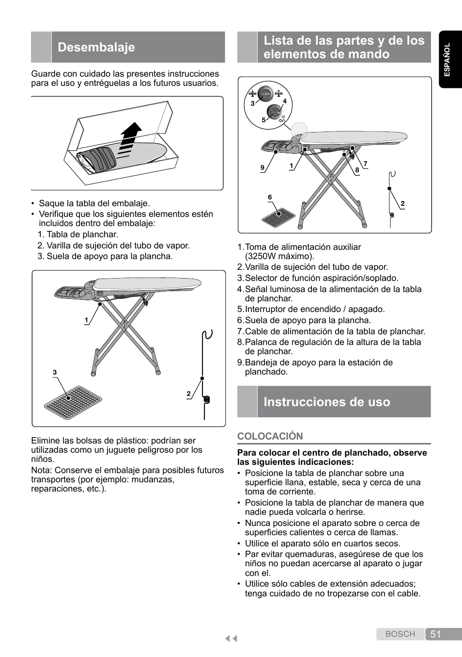 Desembalaje, Instrucciones de uso, Colocación | Lista de las partes y de los elementos de mando | Bosch Aktiv-Bügeltisch Sensixxx DN17 EditionRosso TDN1700P schwarz rot User Manual | Page 51 / 100