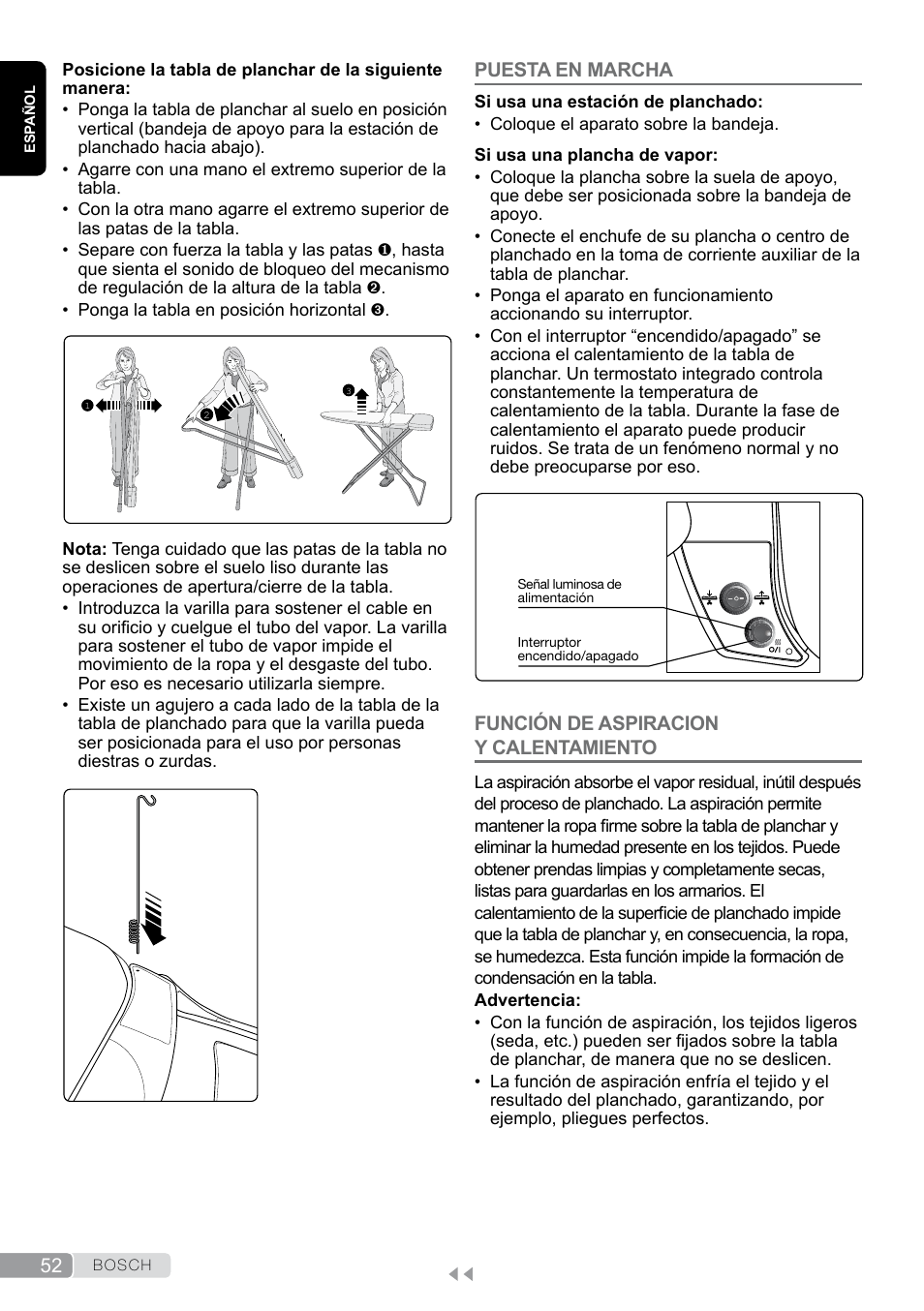 Puesta en marcha, Función de aspiracion y calentamiento | Bosch Aktiv-Bügeltisch Sensixxx DN17 EditionRosso TDN1700P schwarz rot User Manual | Page 52 / 100