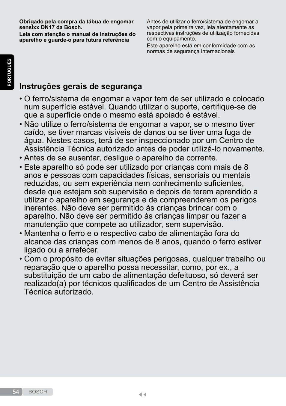 Português, Instruções gerais de segurança | Bosch Aktiv-Bügeltisch Sensixxx DN17 EditionRosso TDN1700P schwarz rot User Manual | Page 54 / 100