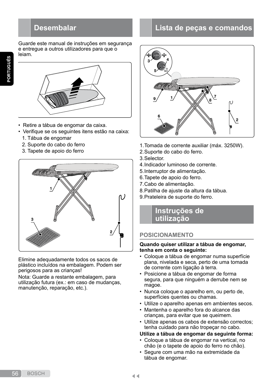 Desembalar, Lista de peças e comandos, Instruções de utilização | Posicionamento | Bosch Aktiv-Bügeltisch Sensixxx DN17 EditionRosso TDN1700P schwarz rot User Manual | Page 56 / 100