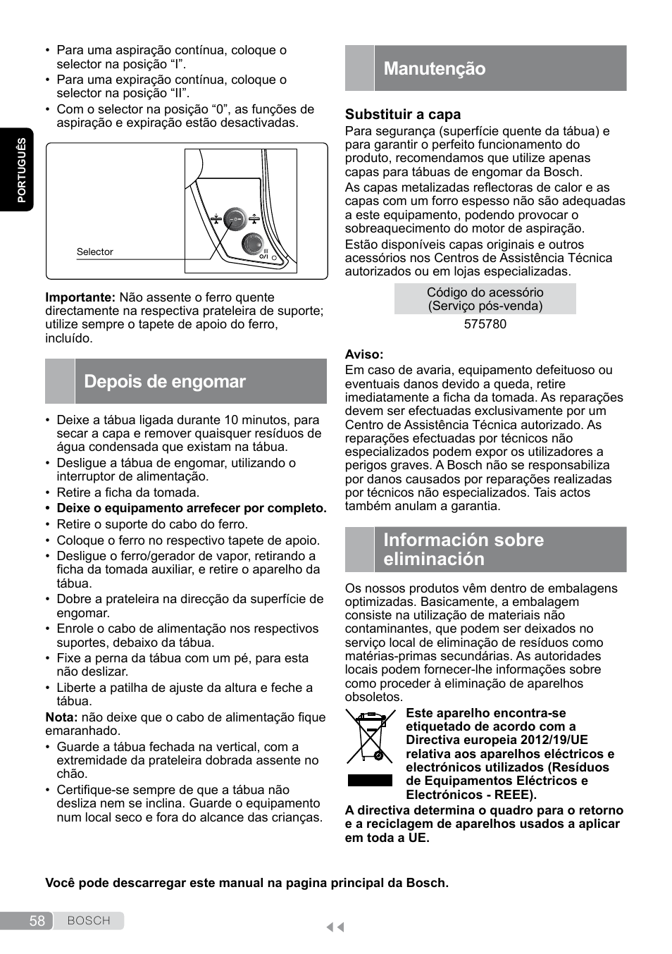 Información sobre eliminación, Depois de engomar, Manutenção | Bosch Aktiv-Bügeltisch Sensixxx DN17 EditionRosso TDN1700P schwarz rot User Manual | Page 58 / 100