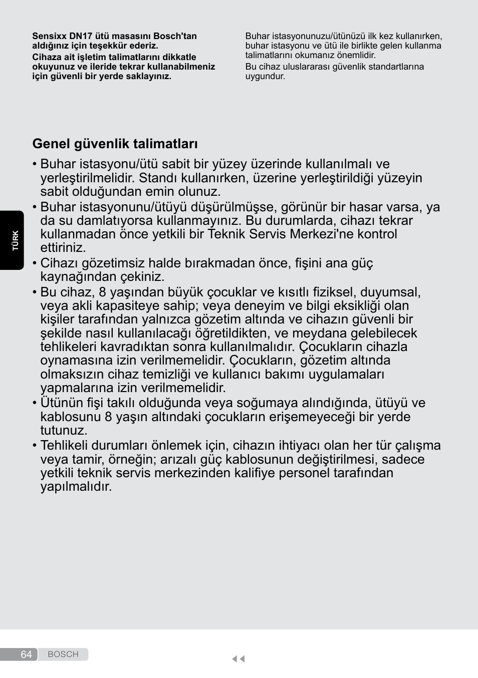 Türk, Genel güvenlik talimatları | Bosch Aktiv-Bügeltisch Sensixxx DN17 EditionRosso TDN1700P schwarz rot User Manual | Page 64 / 100