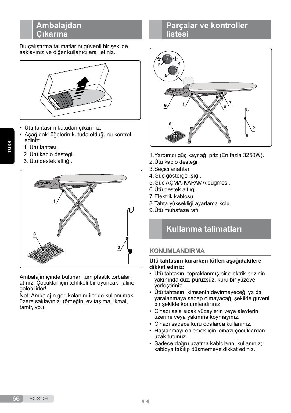 Ambalajdan çıkarma, Parçalar ve kontroller listesi, Kullanma talimatları | Konumlandirma | Bosch Aktiv-Bügeltisch Sensixxx DN17 EditionRosso TDN1700P schwarz rot User Manual | Page 66 / 100