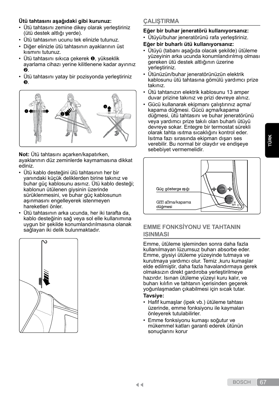 Çaliştirma, Emme fonksiyonu ve tahtanin isinmasi | Bosch Aktiv-Bügeltisch Sensixxx DN17 EditionRosso TDN1700P schwarz rot User Manual | Page 67 / 100