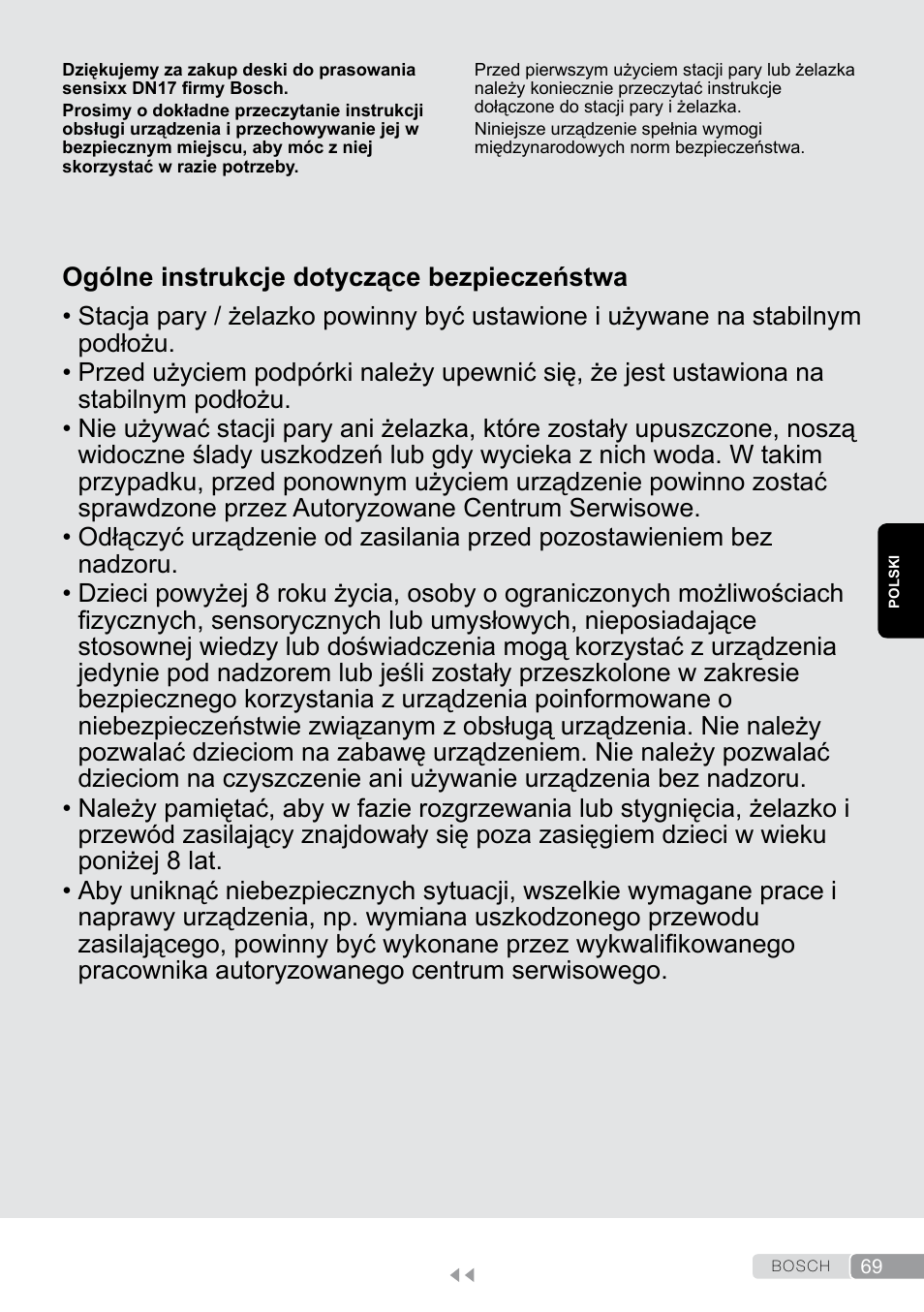 Polski, Ogólne instrukcje dotyczące bezpieczeństwa | Bosch Aktiv-Bügeltisch Sensixxx DN17 EditionRosso TDN1700P schwarz rot User Manual | Page 69 / 100