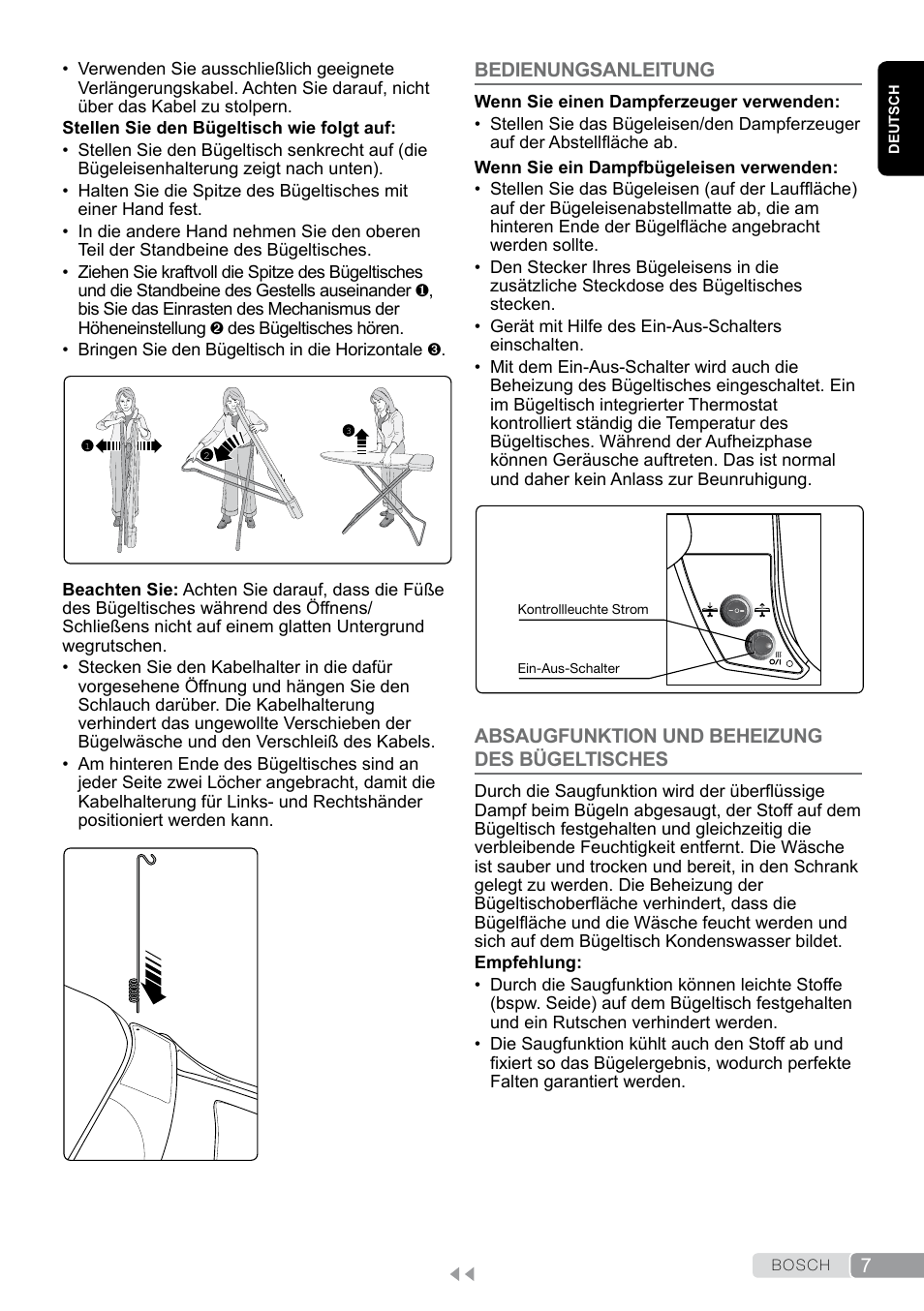 Bedienungsanleitung, Absaugfunktion und beheizung des bügeltisches | Bosch Aktiv-Bügeltisch Sensixxx DN17 EditionRosso TDN1700P schwarz rot User Manual | Page 7 / 100