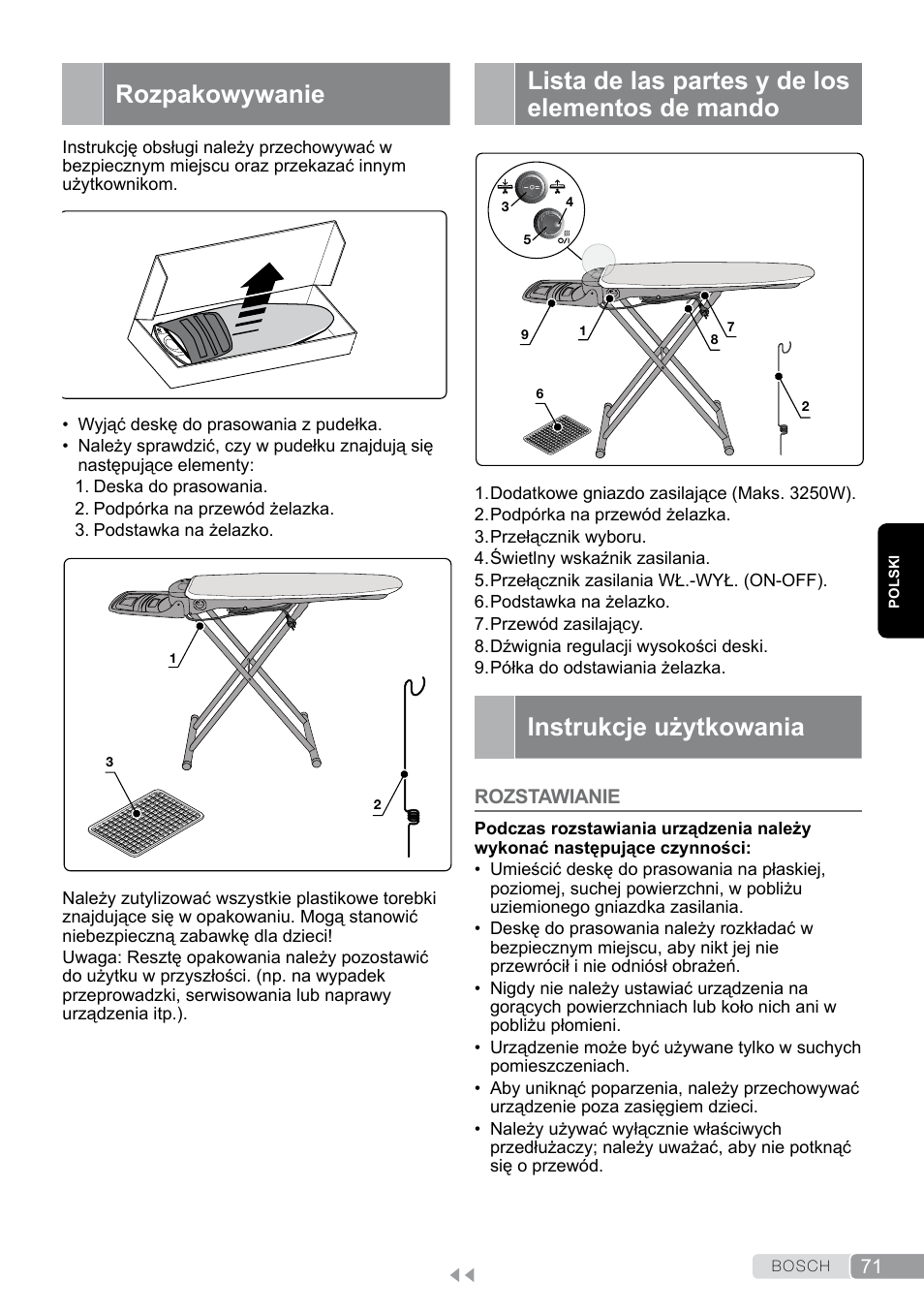 Lista de las partes y de los elementos de mando, Rozpakowywanie, Instrukcje użytkowania | Rozstawianie | Bosch Aktiv-Bügeltisch Sensixxx DN17 EditionRosso TDN1700P schwarz rot User Manual | Page 71 / 100