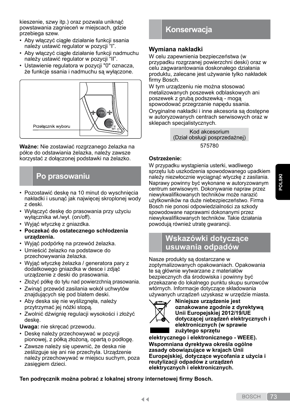 Po prasowaniu, Konserwacja, Wskazówki dotyczące usuwania odpadów | Bosch Aktiv-Bügeltisch Sensixxx DN17 EditionRosso TDN1700P schwarz rot User Manual | Page 73 / 100