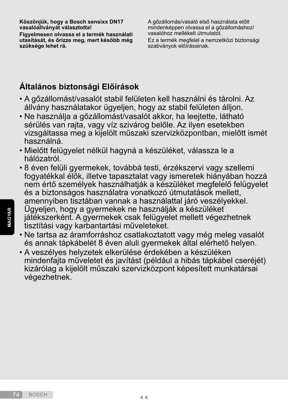 Magyar, Általános biztonsági előírások | Bosch Aktiv-Bügeltisch Sensixxx DN17 EditionRosso TDN1700P schwarz rot User Manual | Page 74 / 100