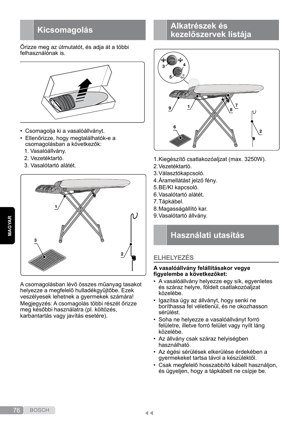 Kicsomagolás, Alkatrészek és kezelőszervek listája, Használati utasítás | Elhelyezés | Bosch Aktiv-Bügeltisch Sensixxx DN17 EditionRosso TDN1700P schwarz rot User Manual | Page 76 / 100