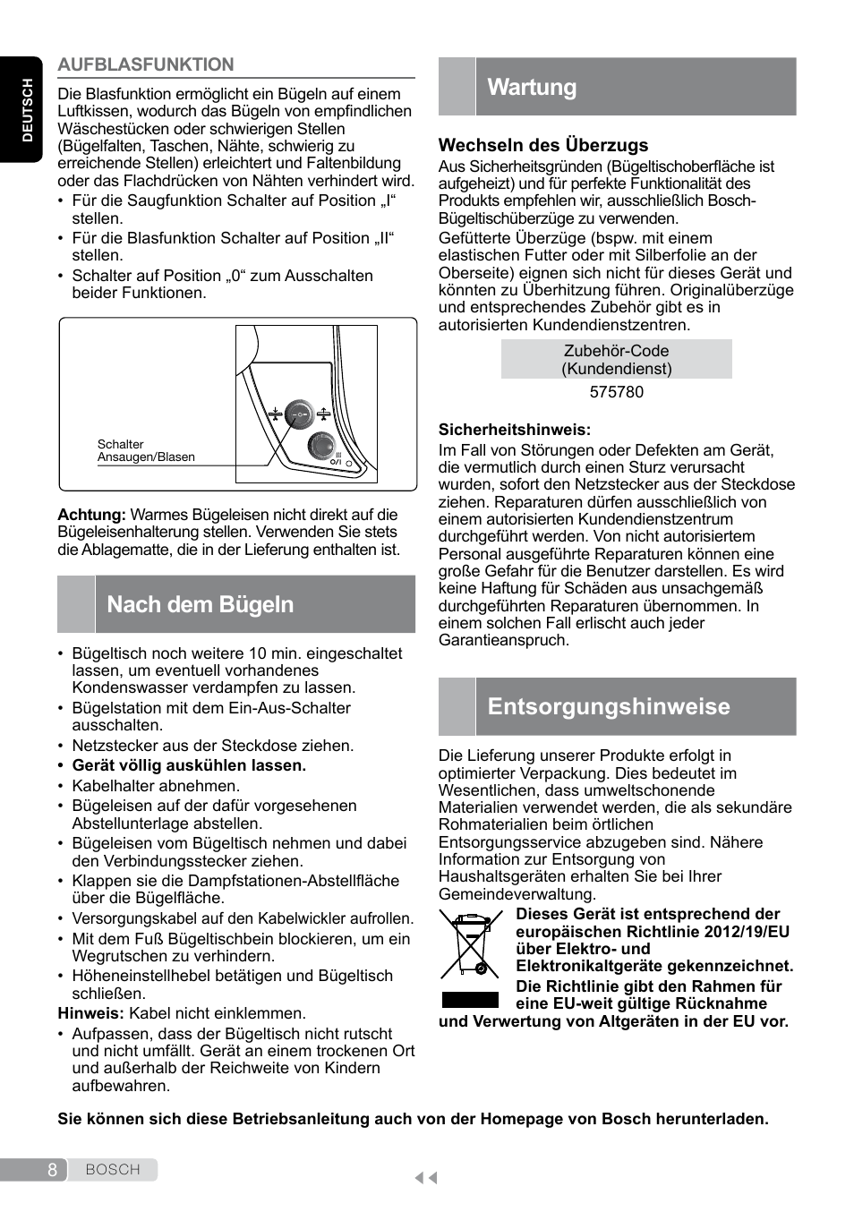 Aufblasfunktion, Nach dem bügeln, Wartung | Entsorgungshinweise | Bosch Aktiv-Bügeltisch Sensixxx DN17 EditionRosso TDN1700P schwarz rot User Manual | Page 8 / 100