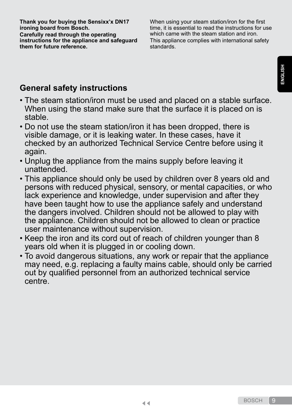 English, General safety instructions | Bosch Aktiv-Bügeltisch Sensixxx DN17 EditionRosso TDN1700P schwarz rot User Manual | Page 9 / 100