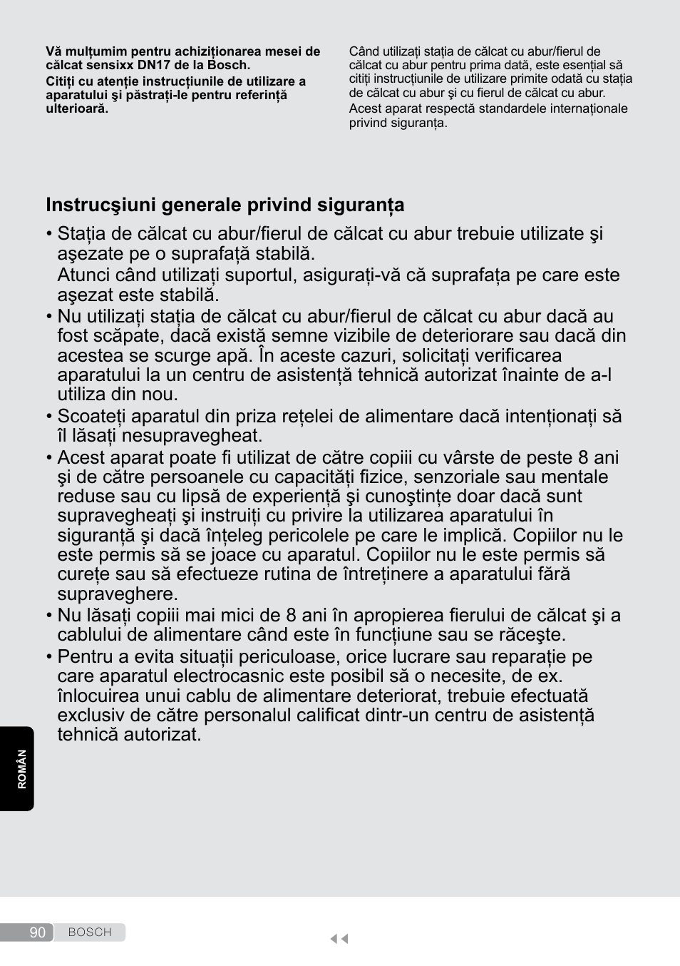 Român, Instrucşiuni generale privind siguranţa | Bosch Aktiv-Bügeltisch Sensixxx DN17 EditionRosso TDN1700P schwarz rot User Manual | Page 90 / 100