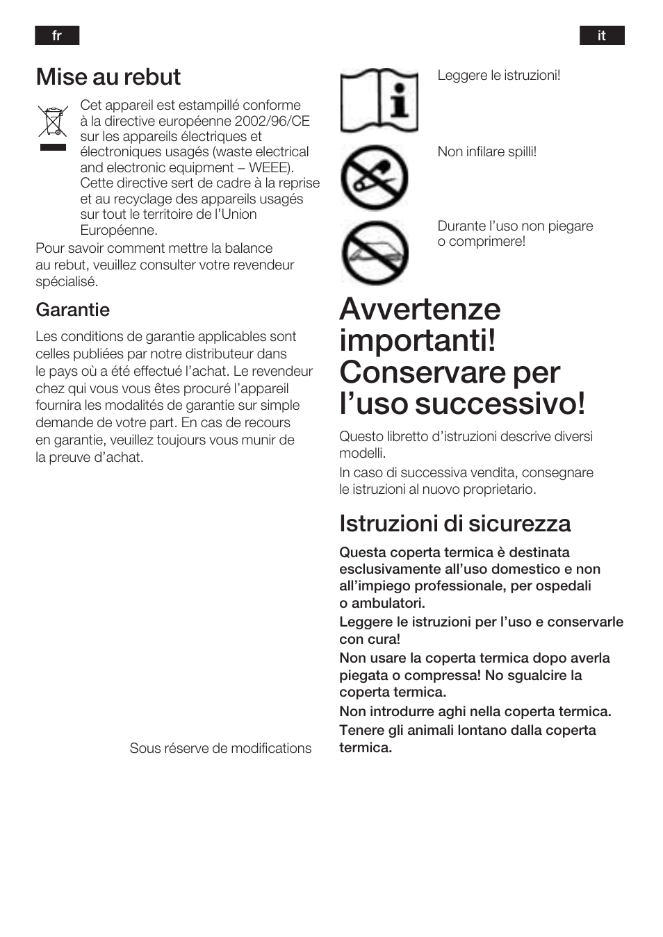 Mise au rebut, Istruzioni di sicurezza, Garantie | Bosch PFB2030 Wärmeunterbett relaxxtherm L preheat User Manual | Page 10 / 52