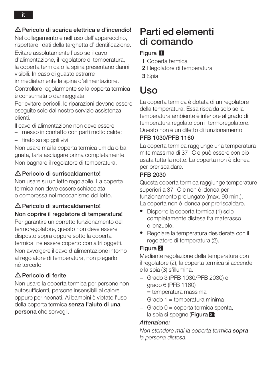 Parti ed elementi di comando | Bosch PFB2030 Wärmeunterbett relaxxtherm L preheat User Manual | Page 11 / 52