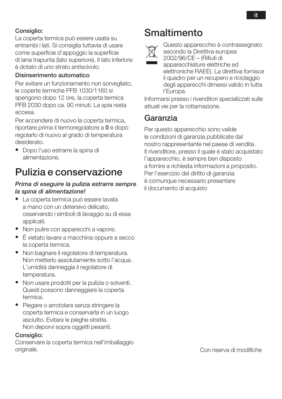 Pulizia e conservazione, Smaltimento, Garanzia | Bosch PFB2030 Wärmeunterbett relaxxtherm L preheat User Manual | Page 12 / 52