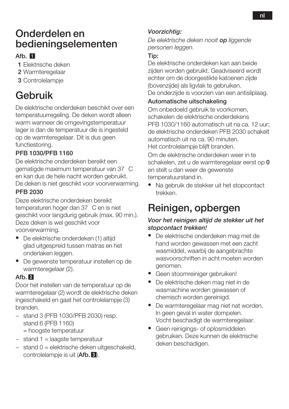 Onderdelen en bedieningselementen, Gebruik, Reinigen, opbergen | Bosch PFB2030 Wärmeunterbett relaxxtherm L preheat User Manual | Page 14 / 52