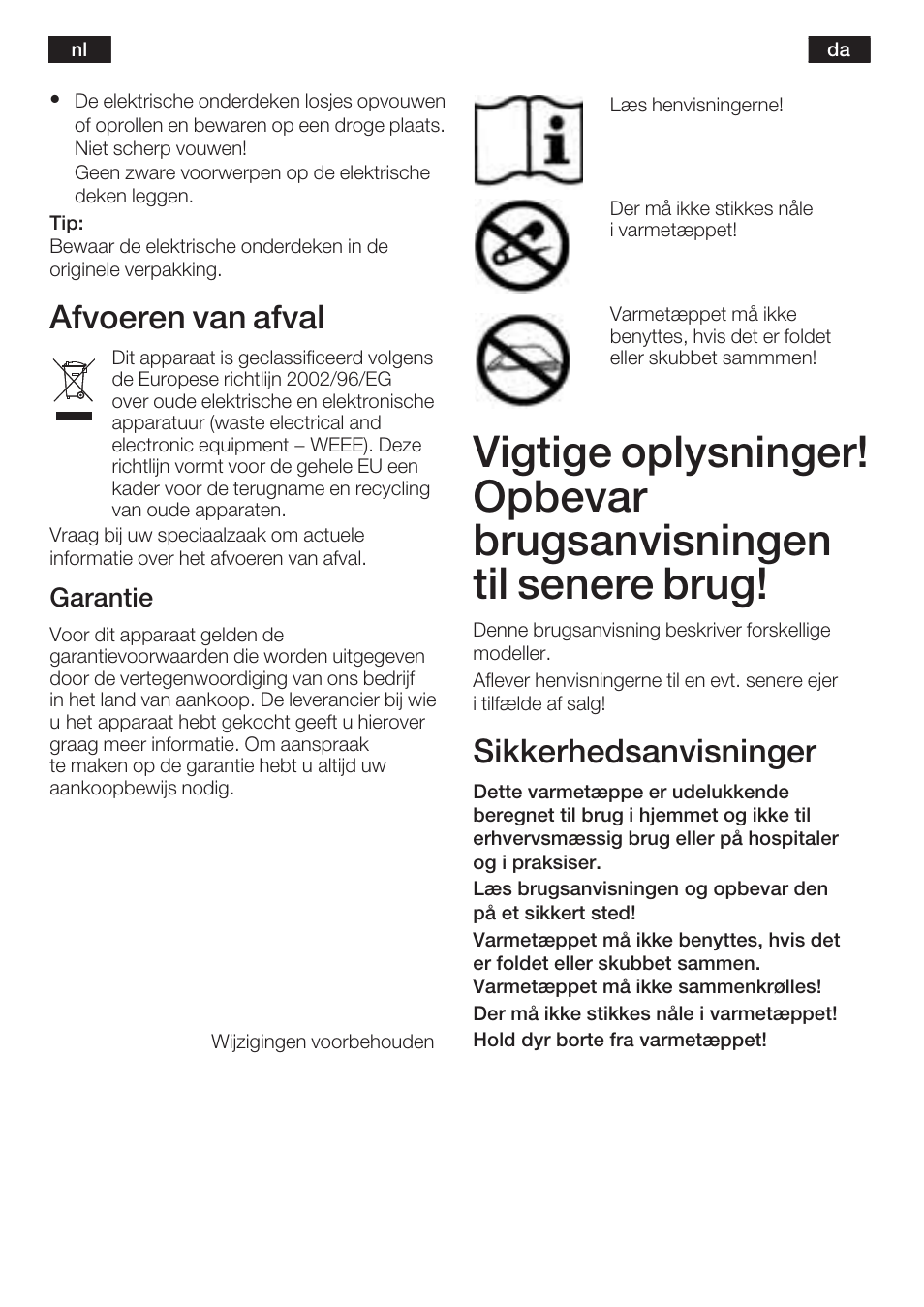 Afvoeren van afval, Sikkerhedsanvisninger, 14 s | Garantie | Bosch PFB2030 Wärmeunterbett relaxxtherm L preheat User Manual | Page 15 / 52