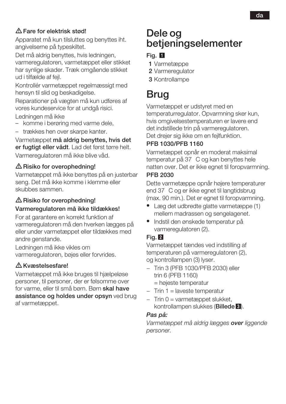 Dele og betjeningselementer, Brug | Bosch PFB2030 Wärmeunterbett relaxxtherm L preheat User Manual | Page 16 / 52