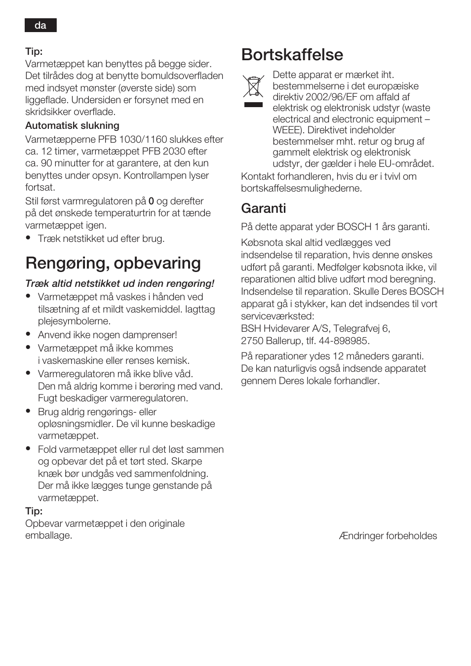 Rengøring, opbevaring, Bortskaffelse, Garanti | Bosch PFB2030 Wärmeunterbett relaxxtherm L preheat User Manual | Page 17 / 52