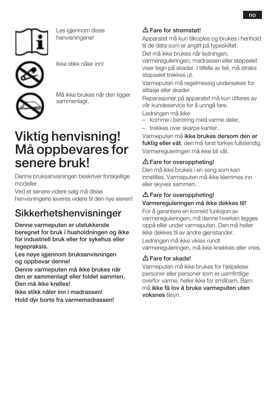 Viktig henvisning! må oppbevares for senere bruk, Sikkerhetshenvisninger | Bosch PFB2030 Wärmeunterbett relaxxtherm L preheat User Manual | Page 18 / 52