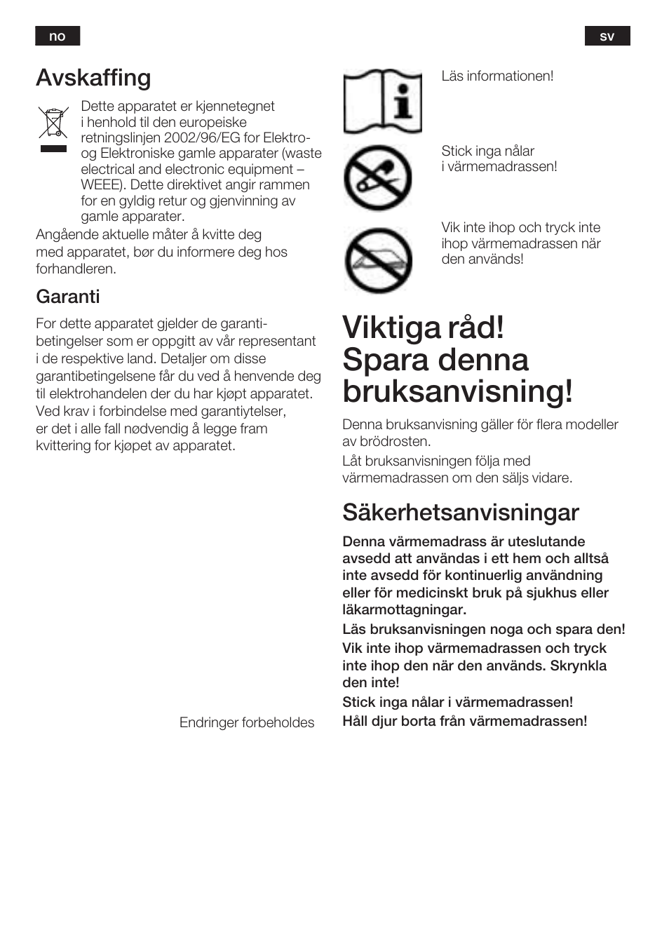 Viktiga råd! spara denna bruksanvisning, Avskaffing, Säkerhetsanvisningar | Garanti | Bosch PFB2030 Wärmeunterbett relaxxtherm L preheat User Manual | Page 20 / 52