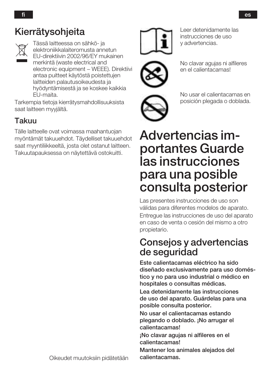 Kierrätysohjeita, Consejos y advertencias de seguridad, Takuu | Bosch PFB2030 Wärmeunterbett relaxxtherm L preheat User Manual | Page 25 / 52