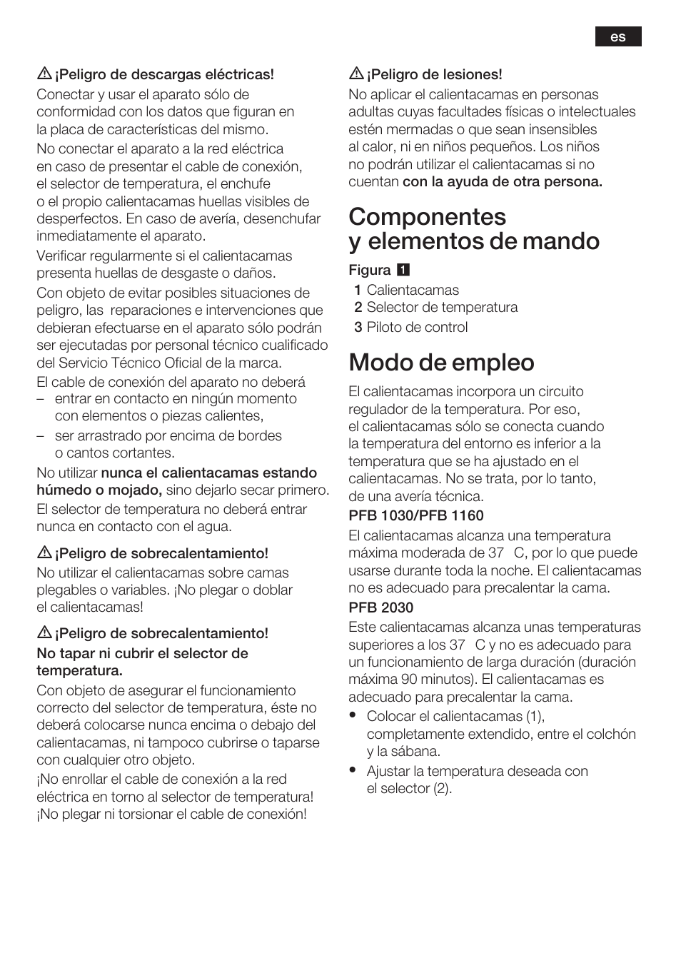 Componentes y elementos de mando, Modo de empleo | Bosch PFB2030 Wärmeunterbett relaxxtherm L preheat User Manual | Page 26 / 52