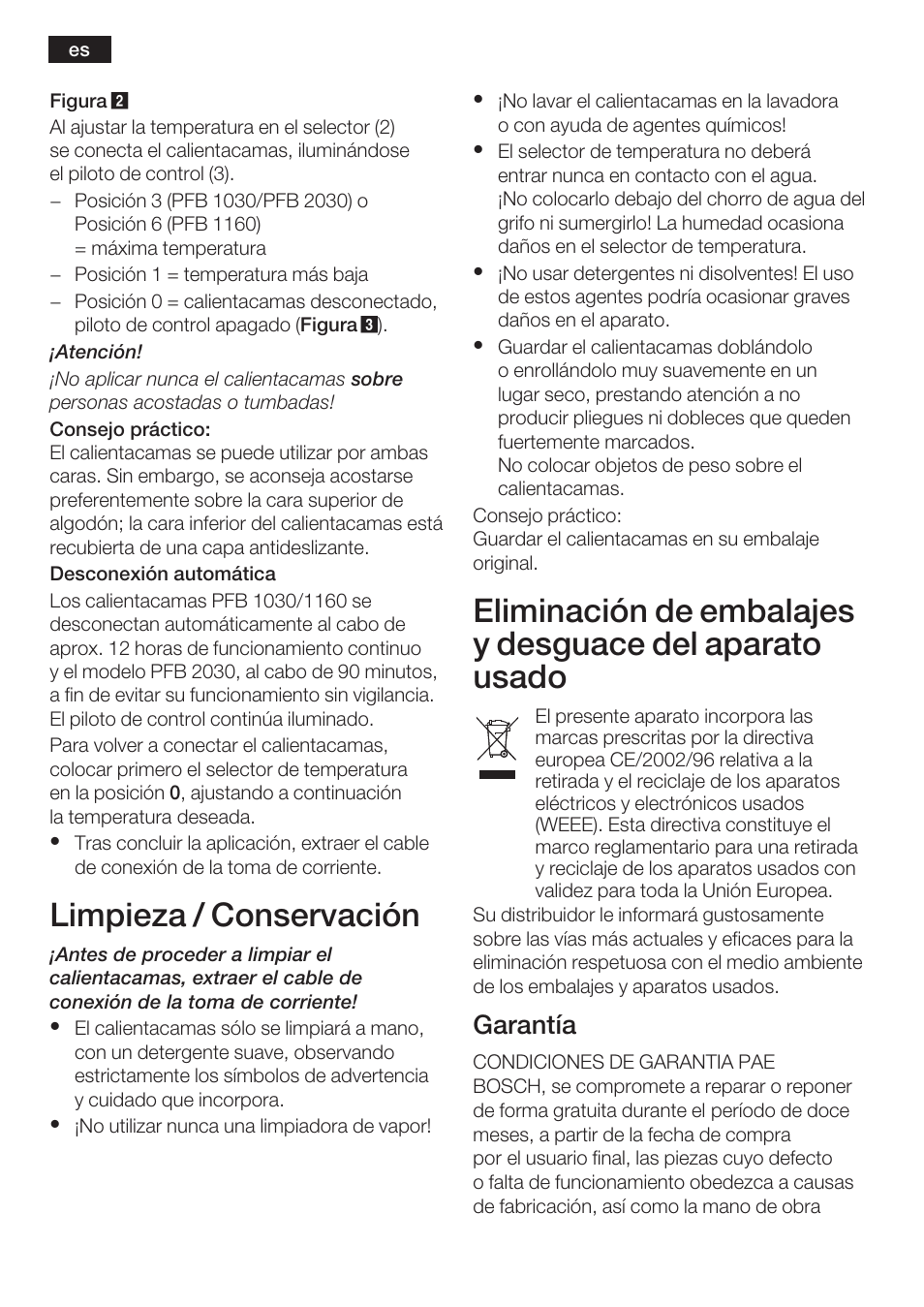Limpieza / conservación, Garantía | Bosch PFB2030 Wärmeunterbett relaxxtherm L preheat User Manual | Page 27 / 52