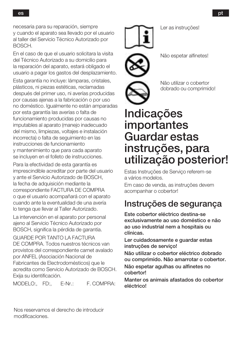 Instruções de segurança | Bosch PFB2030 Wärmeunterbett relaxxtherm L preheat User Manual | Page 28 / 52