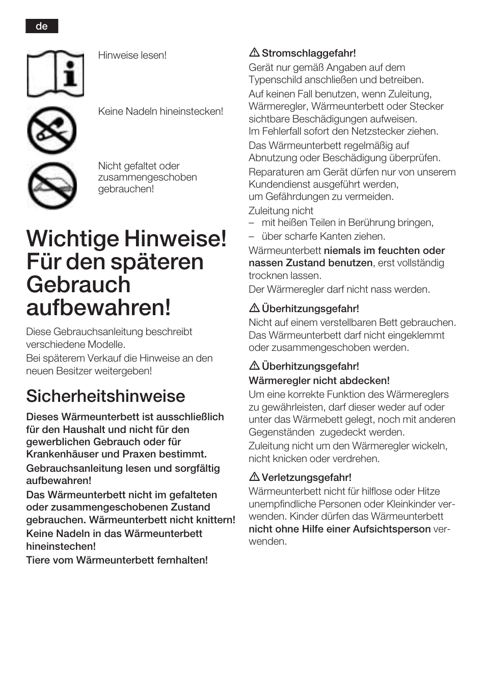 Sicherheitshinweise | Bosch PFB2030 Wärmeunterbett relaxxtherm L preheat User Manual | Page 3 / 52