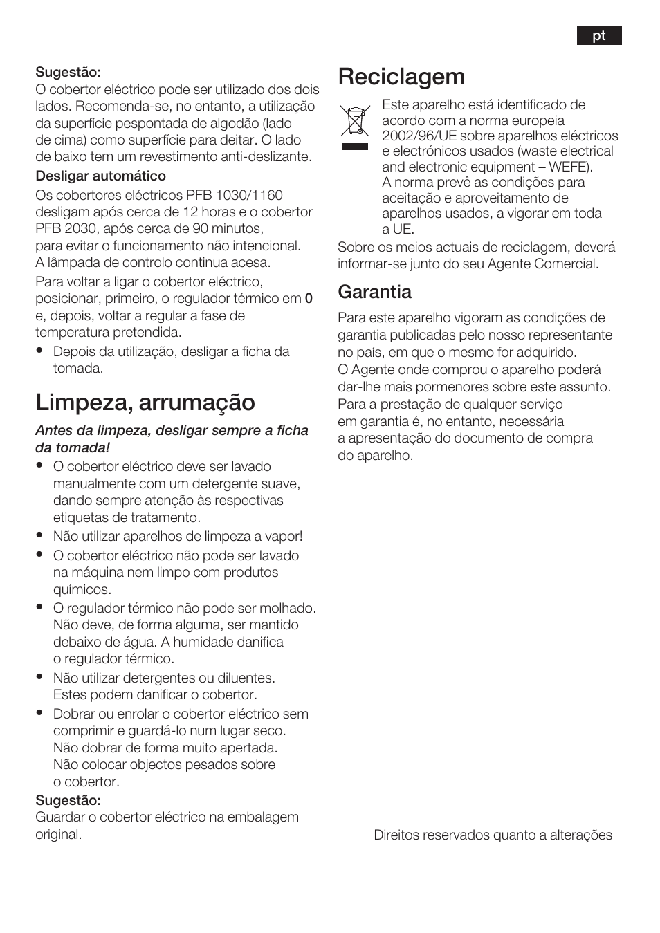 Limpeza, arrumação, Reciclagem, Garantia | Bosch PFB2030 Wärmeunterbett relaxxtherm L preheat User Manual | Page 30 / 52