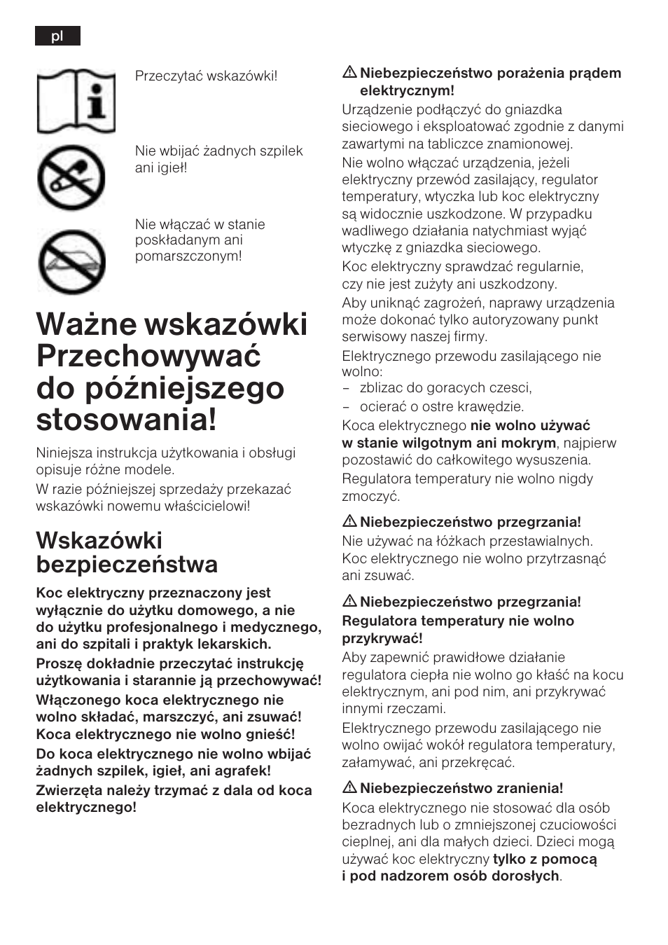 Wskazówki bezpieczeñstwa | Bosch PFB2030 Wärmeunterbett relaxxtherm L preheat User Manual | Page 37 / 52