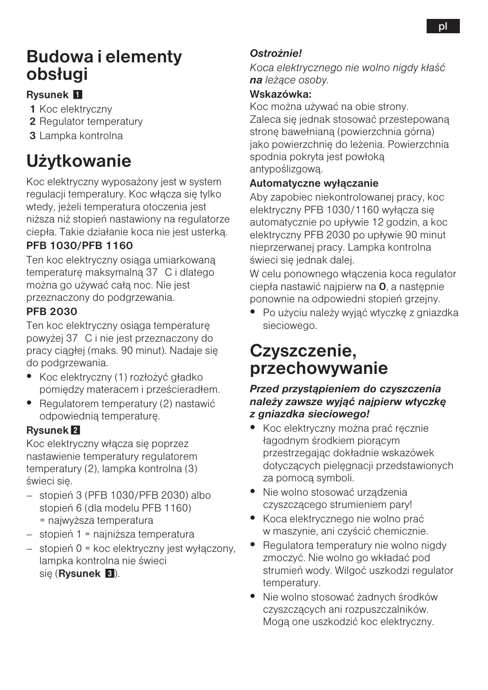 Budowa i elementy obs³ugi, U¿ytkowanie, Czyszczenie, przechowywanie | Bosch PFB2030 Wärmeunterbett relaxxtherm L preheat User Manual | Page 38 / 52