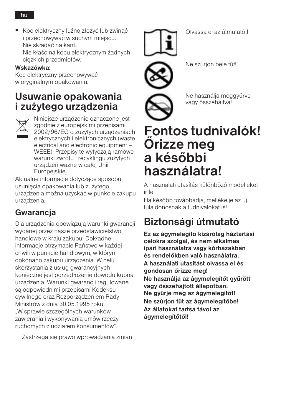 Usuwanie opakowania i zu¿ytego urz¹dzenia, Biztonsági útmutató, 38 s | Gwarancja | Bosch PFB2030 Wärmeunterbett relaxxtherm L preheat User Manual | Page 39 / 52