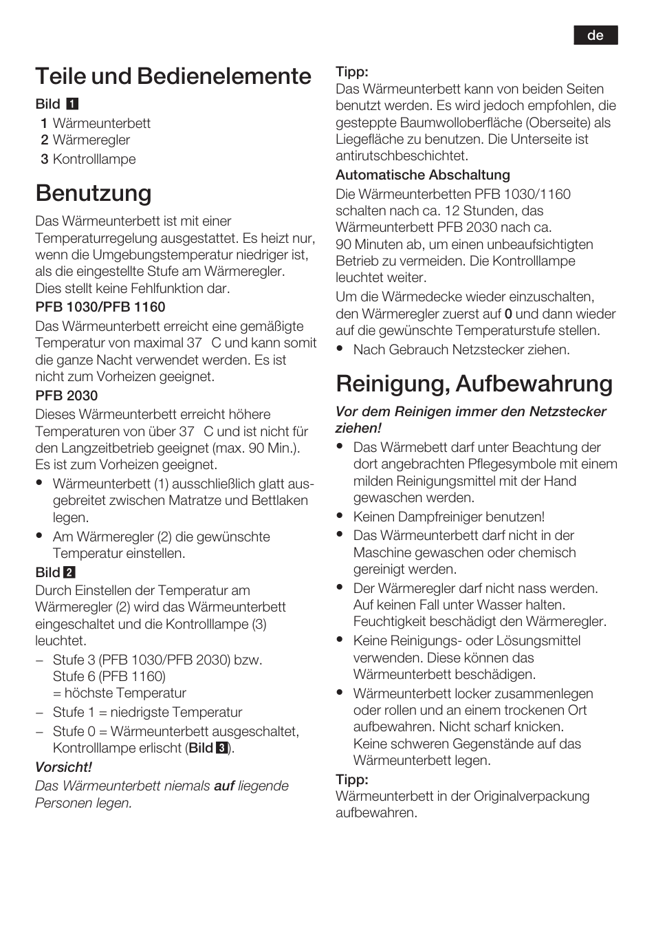 Teile und bedienelemente, Benutzung, Reinigung, aufbewahrung | Bosch PFB2030 Wärmeunterbett relaxxtherm L preheat User Manual | Page 4 / 52