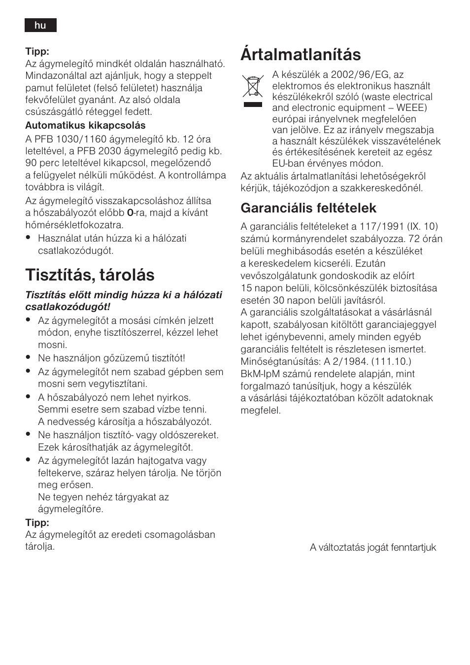 Tisztítás, tárolás, Ártalmatlanítás, Garanciális feltételek | Bosch PFB2030 Wärmeunterbett relaxxtherm L preheat User Manual | Page 41 / 52