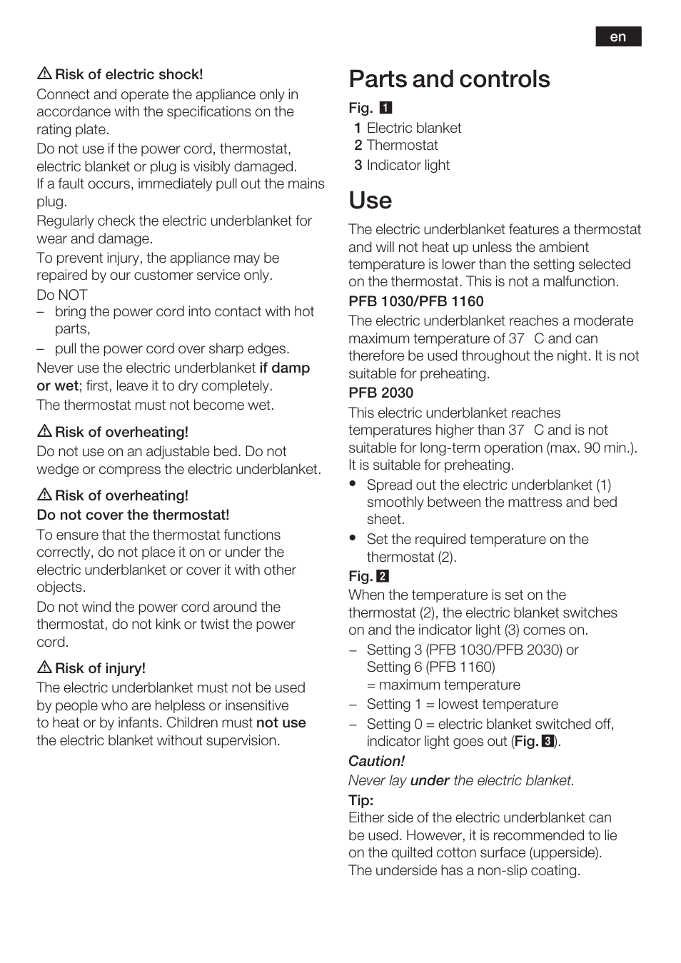 Parts and controls | Bosch PFB2030 Wärmeunterbett relaxxtherm L preheat User Manual | Page 6 / 52