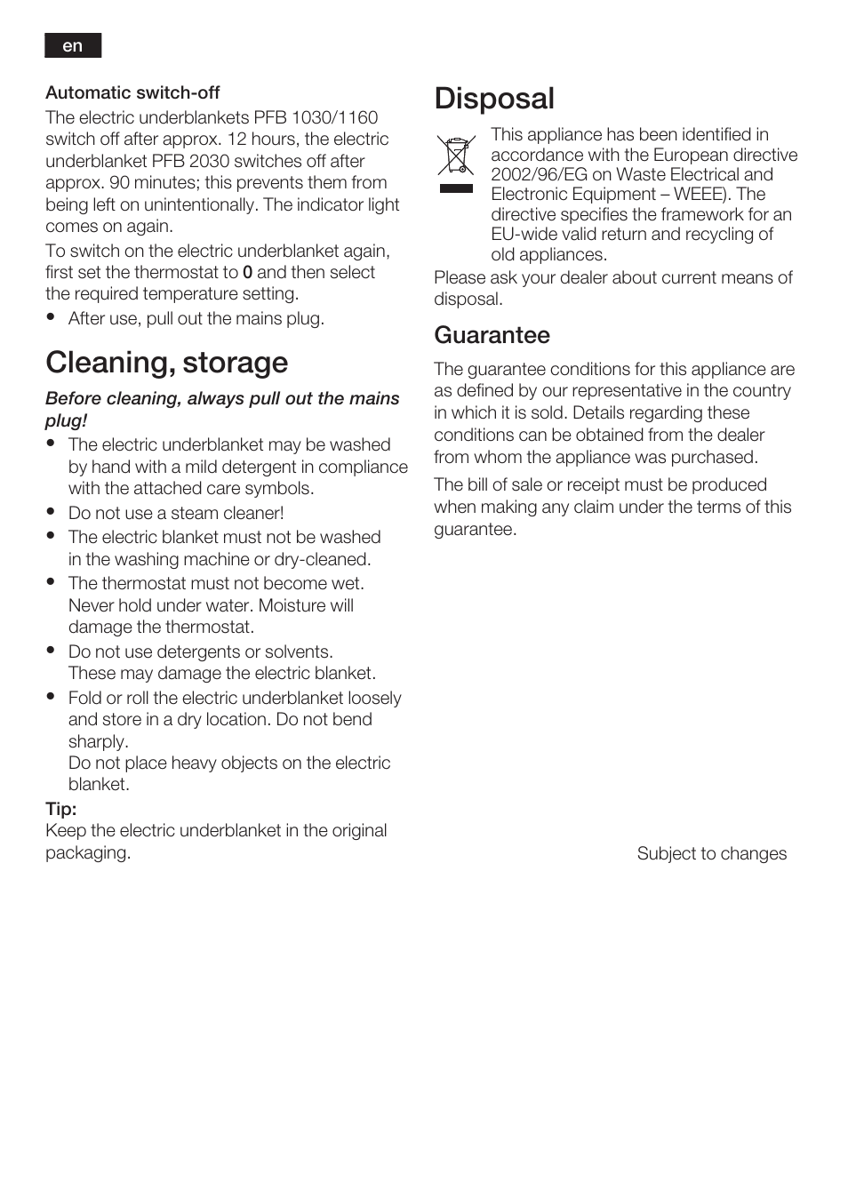 Cleaning, storage, Disposal, Guarantee | Bosch PFB2030 Wärmeunterbett relaxxtherm L preheat User Manual | Page 7 / 52