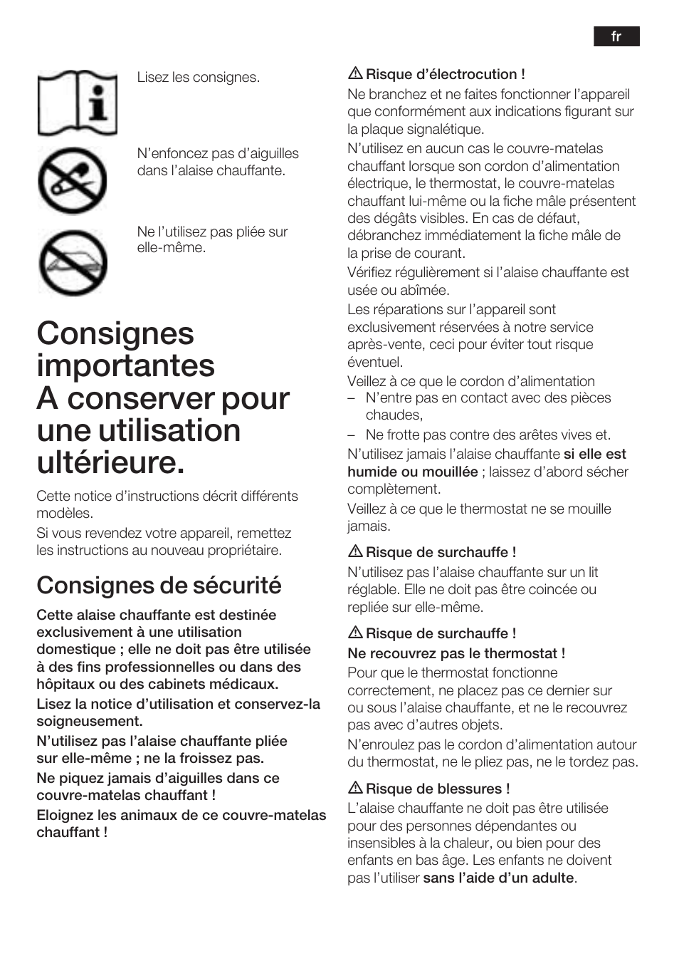 Consignes de sécurité | Bosch PFB2030 Wärmeunterbett relaxxtherm L preheat User Manual | Page 8 / 52