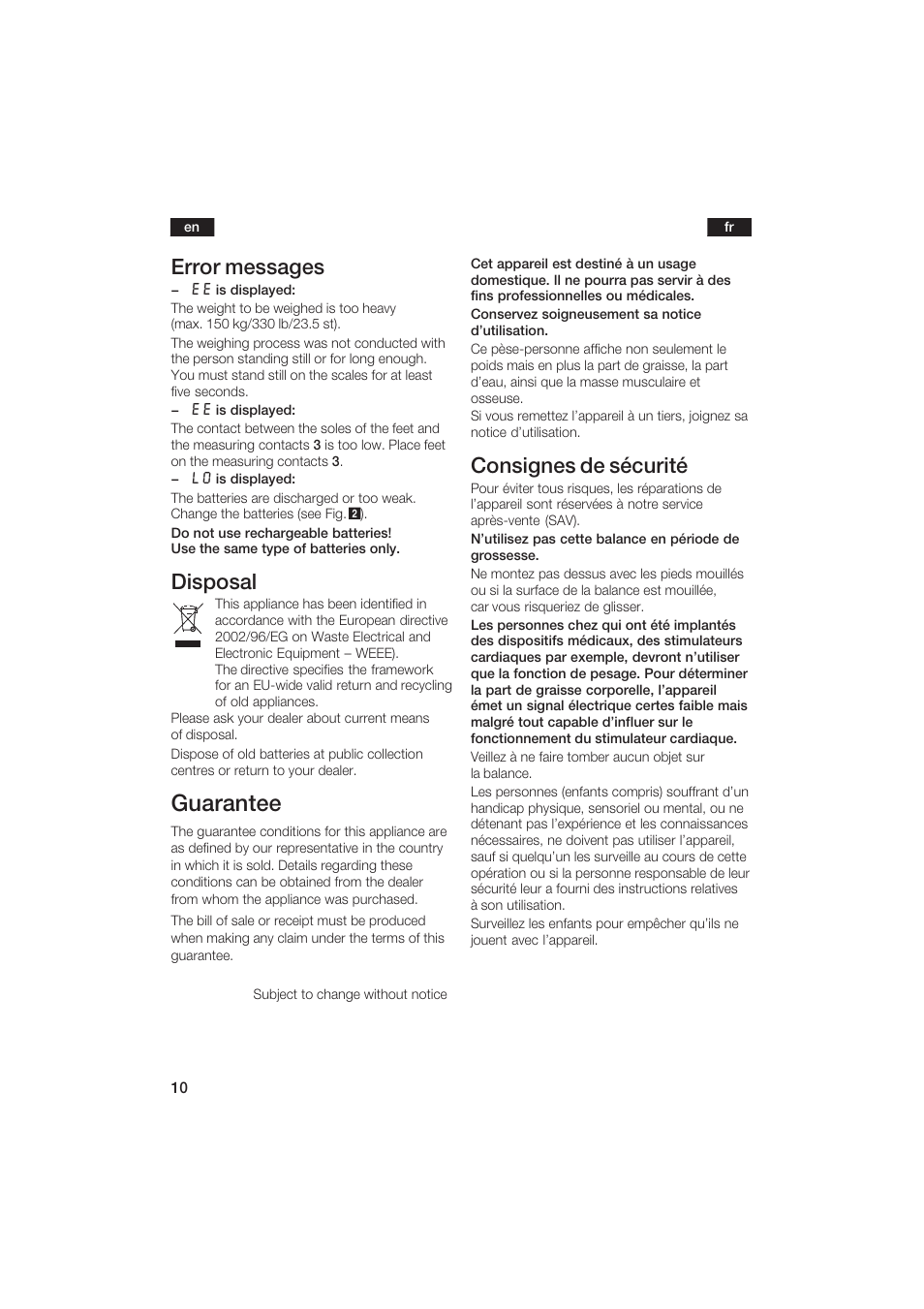 Guarantee, Error messages, Disposal | Consignes de sécurité | Bosch PPW2250 Analysewaage elektronisch axxence classic sportlife User Manual | Page 10 / 85