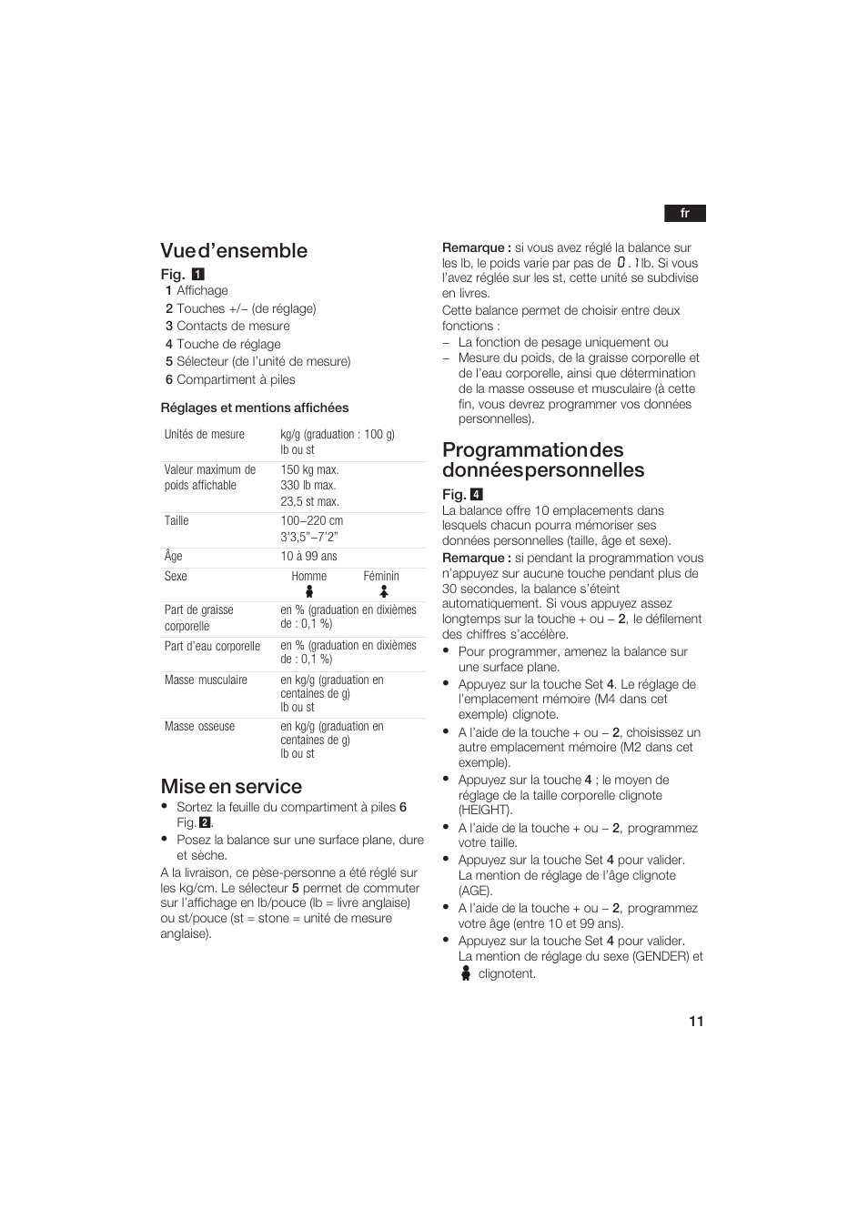 Vue d'ensemble, Mise en service, Programmation des données personnelles | Bosch PPW2250 Analysewaage elektronisch axxence classic sportlife User Manual | Page 11 / 85