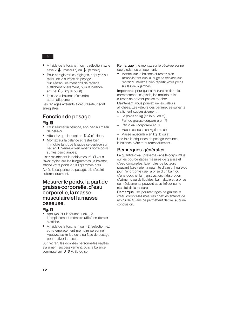 Fonction de pesage, Remarques générales | Bosch PPW2250 Analysewaage elektronisch axxence classic sportlife User Manual | Page 12 / 85