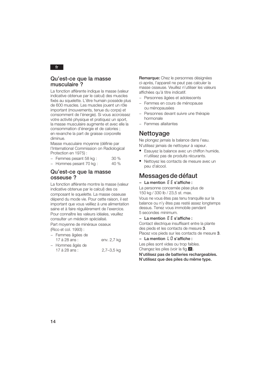 Nettoyage, Messages de défaut, Qu'estćce que la masse musculaire | Qu'estćce que la masse osseuse | Bosch PPW2250 Analysewaage elektronisch axxence classic sportlife User Manual | Page 14 / 85